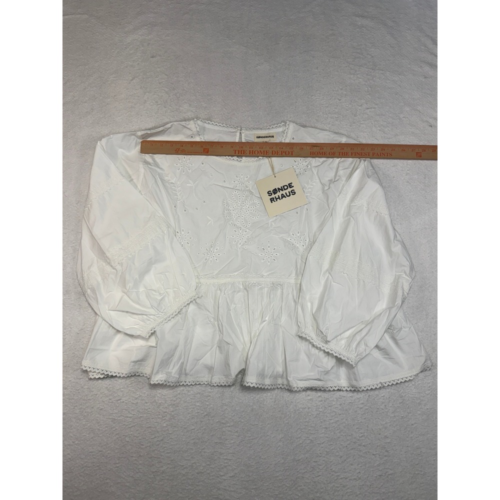 Sonderhaus White Cotton Eyelet Peplum Blouse Lace Trim Long Sleeve Top 2XL NEW - Picture 3 of 7